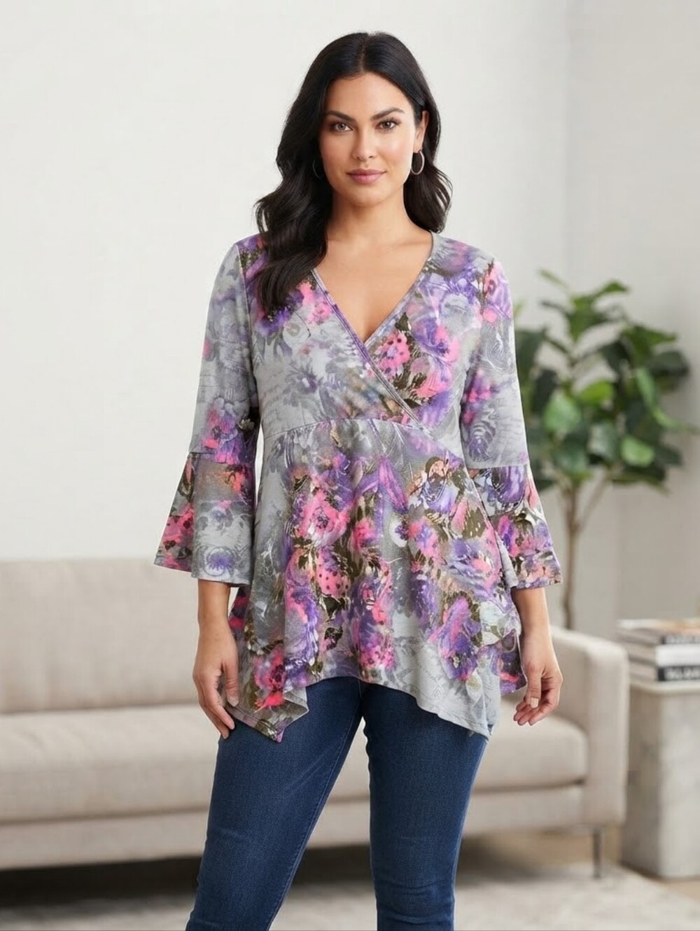 Shopin LA Floral Bell Sleeve V-Neck High Low Tunic Top L NWT